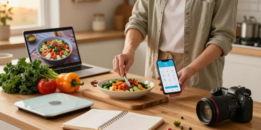 Best food tracker app in use during cooking preparation, showcasing fresh ingredients and healthy meal planning.