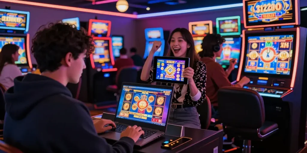 Players enjoy exciting slot online terpercaya games in a vibrant casino environment.