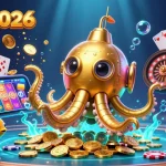 Engage with shbet2026's colorful slot game scene featuring a golden kraken submarine amidst golden coins and exciting gambling elements.