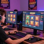 Engaged gamer playing link slot gacor games in dynamic online gaming setup with colorful visuals.