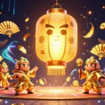Engage with appkeonhacai's vibrant character scene, showcasing a golden lantern spirit and warriors amidst an exciting casino atmosphere.