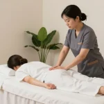 Relaxing 관악구출장마사지 session with a Korean therapist in a serene home environment, focusing on client comfort and personalized care.