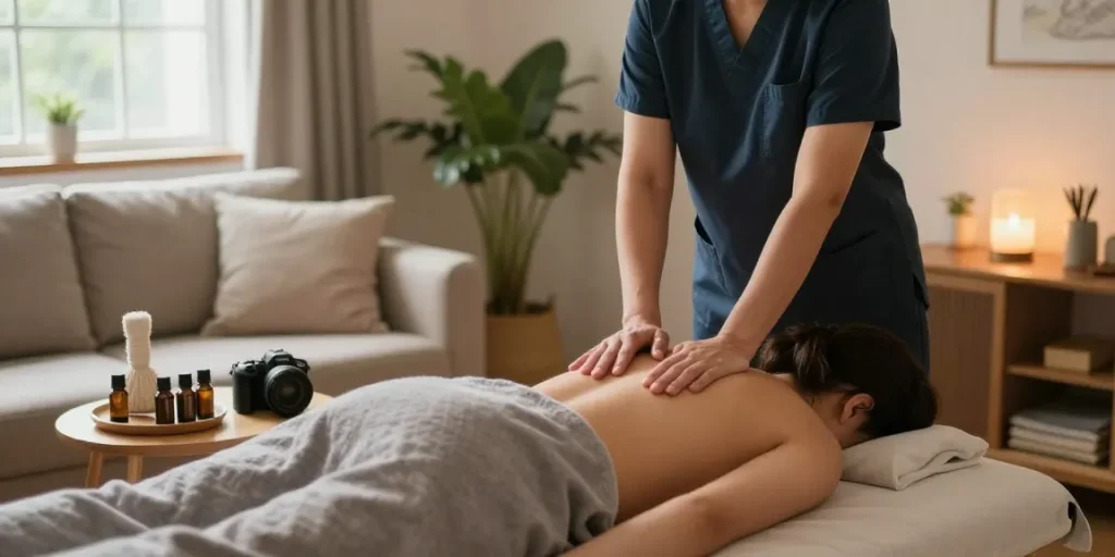 안양출장안마 - Relaxing home massage scene with a professional therapist preparing a cozy massage space for a soothing experience.