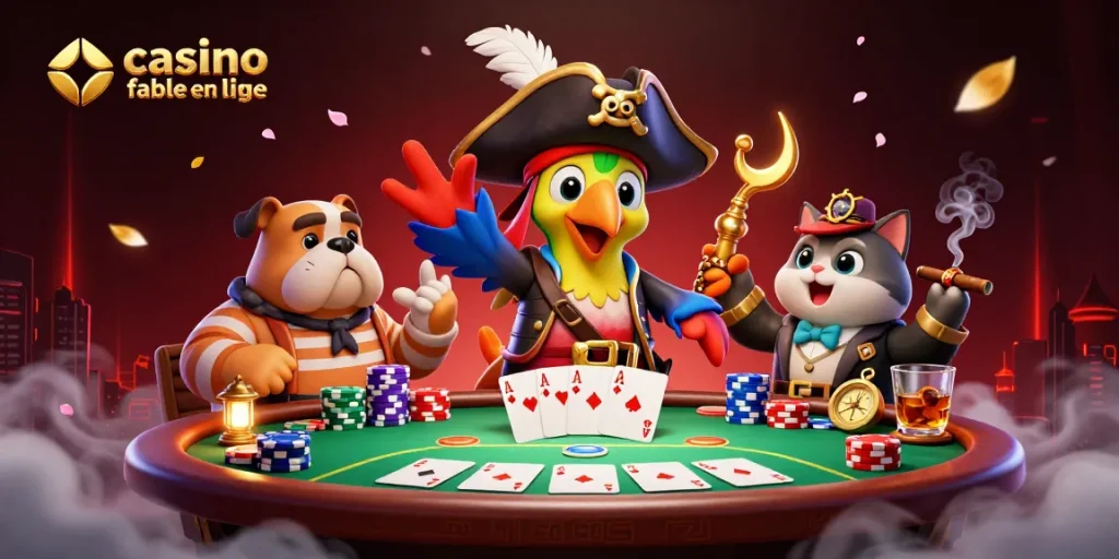 Illustration dynamique de casino fiable en ligne avec un capitaine pirate, bulldog et chat, entourés de jetons et cartes.
