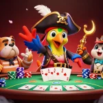 Illustration dynamique de casino fiable en ligne avec un capitaine pirate, bulldog et chat, entourés de jetons et cartes.