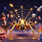 Plongez dans les meilleurs casinos sans KYC avec une illustration captivante d'une araignée steampunk jouant avec des dés et des jetons.