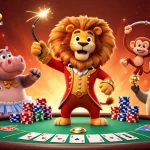Plongez dans l'univers des jeux avec casino en ligne france légal, illustré par un lion magicien et des animaux colorés.