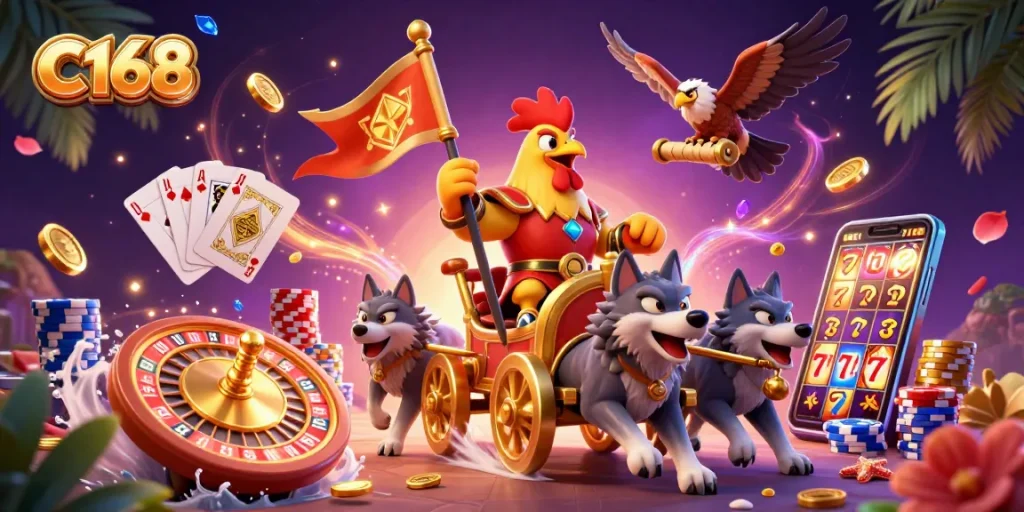 C168 showcases an engaging 3D scene with a rooster warlord in a golden chariot amidst sparkling gambling elements.