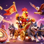 C168 showcases an engaging 3D scene with a rooster warlord in a golden chariot amidst sparkling gambling elements.