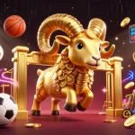Illustration dynamique des nouveaux casinos en ligne 2026 avec un bélier doré et des éléments sportifs captivants.